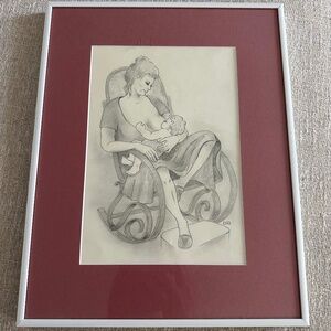 MOTHERHOOD Woman Maternity Mother and Baby Original Drawing Signed Framed